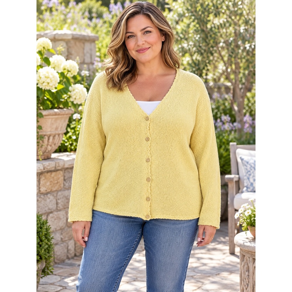 Talbots Yellow Pebble Knit Cotton Cardigan Sweater XL Scalloped V-Neck Button Up